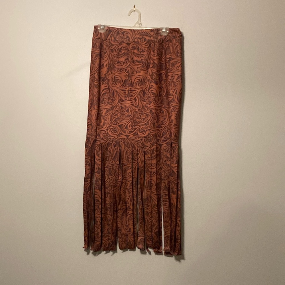 Crazy Train brown/black floral skirt with floor length fringe. Sz. M